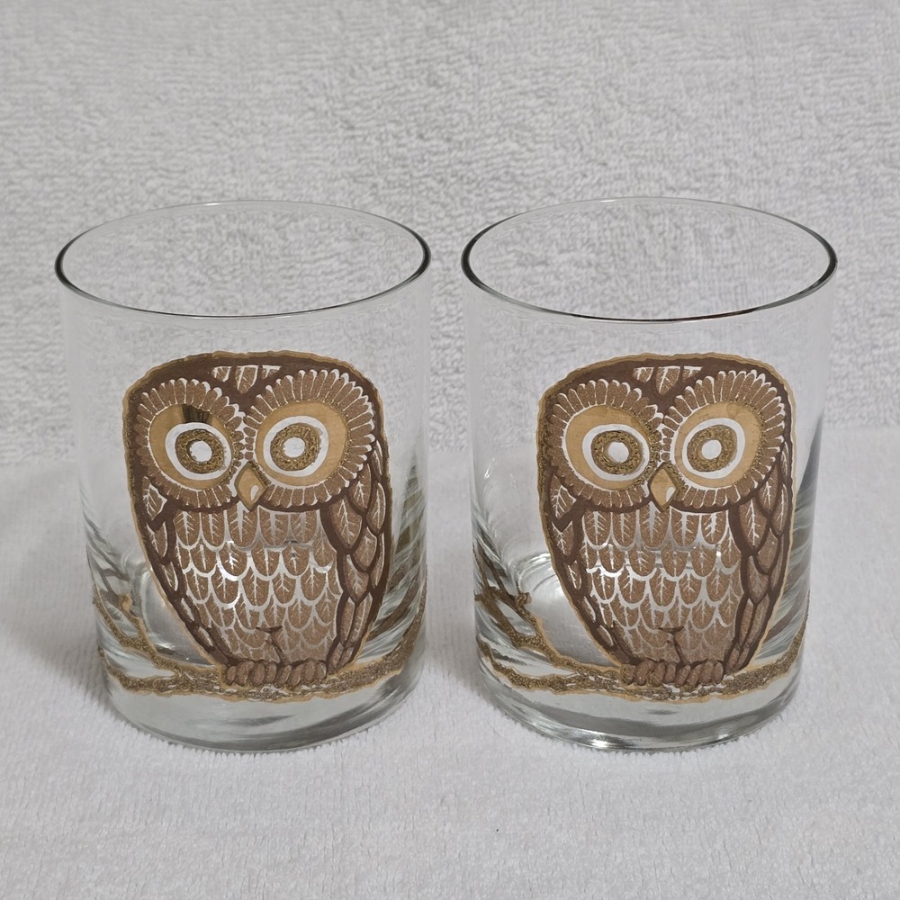 Vintage 2 Georges Briard Owl Lowball Rocks Glasses Signed MCM 22K Gold 10oz NICE
